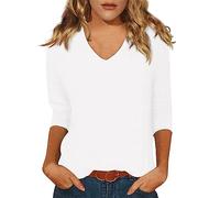 T-shirt pour femme - Grande taille - Col en V - Manches 3/4 - Haut tendance - T-shirt basique pour femme - Taille fuselée - Épaules droites - Chemise légère - Couche de base esquissée - Polyvalente