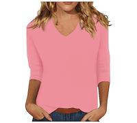 T-shirt pour femme - Grande taille - Col en V - Manches 3/4 - Haut tendance - T-shirt basique pour femme - Taille fuselée - Épaules droites - Chemise légère - Couche de base esquissée - Polyvalente