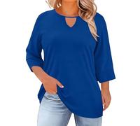T-shirt pour femme - Grandes tailles - Manches 3/4 - Décontracté - Couleur unie - Col rond - Tunique avec découpes, bleu, 3XL
