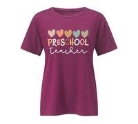 T-shirt pour femme - Haut avec inscription en anglais « Preschool Teacher » et cœurs colorés - T-shirt adorable pour enseignantes préscolaires et maternelles, Style_i02 Bordeaux, XL