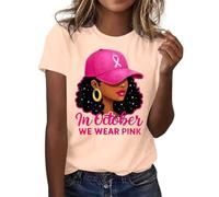 T-shirt pour femme « In October We Wear Pink » pour la sensibilisation au cancer du sein - T-shirt de déclaration avec femme afro - Haut de soutien pour le mois de sensibilisation, Style_g01 Beige
