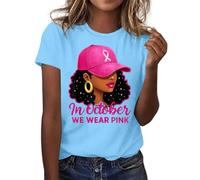 T-shirt pour femme « In October We Wear Pink » pour la sensibilisation au cancer du sein - T-shirt de déclaration avec femme afro - Haut de soutien pour le mois de sensibilisation, Style_g09 Bleu, M