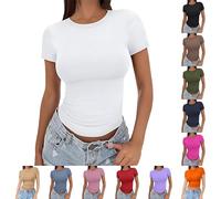 T-shirt pour femme, moulant, manches courtes, col rond, extensible, coupe ajustée, t-shirt d'été, maillot de corps uni, basique, haut décontracté, haut doux, confortable, haut d'été, Blanc., M
