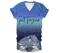 T-shirt pour femme « Not Perfect Just Forgiven » avec dégradé de couleur, lettres, manches courtes, col en V, costume de fille spatiale pour femme, bleu, L