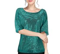 T Shirt pour Femme Paillettes à Manche Courte à col en V Brillant Métallisé Glitter Grande Taille Élégante Basic À Paillettes Haut des Années 70 Brillante Sequins Ample Shirt Clubbing