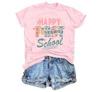 T-shirt pour femme pour la rentrée scolaire - Haut décontracté avec inscription « Happy First Day of School » - T-shirt joyeux pour enseignantes et mères, Style_p01 Rose, S