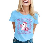 T-shirt pour femme pour le mois du cancer du sein dans le style Halloween - In October We Wear Pink Haut avec motif fantôme | T-shirt de déclaration de soutien et de sensibilisation, Style_c06 Bleu, L
