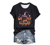 T-shirt pour femme - Taille M - Tendance - Décontracté - Col rond - Lettre - Imprimé Halloween - T-shirt en coton lourd, Noir , M