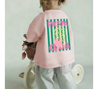 T-shirt pour filles avec imprimé dorsal couleur dopamine, motif de fourchette à pâtes rayée verticalement vert, t-shirt décontracté d'été à manches courtes pour tous les jours 6Y,7Y,4Y,5Y,2-3YLettresP