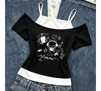 T-shirt pour filles créatif frais et mignon avec design de casque lapin & chat, imprimé lettres amusant, 2 en 1, épaules dénudées, bretelles spaghetti, manches courtes 8Y,9Y,10Y,11Y,12Y,13YgraphiqueÉt