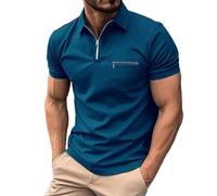 T-shirt pour homme avec col en V et fermeture éclair - Polo à manches courtes avec poche de poitrine - Léger et respirant - Chemise d'été - Coupe ajustée - Golf - Col uni, bleu, M