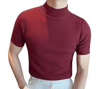 T-shirt pour homme - Col montant - Manches courtes - Uni - Plissé - Col rond - Décontracté - Couleur chair - Col montant - Col roulé - Manches courtes, A vin., L