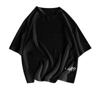 T-shirt pour homme - Coupe ample - Manches courtes - Haut d'été avec col rond - Coupe large - Uni - Basique - T-shirt long vintage streetwear avec lettres créatives, Taille L - Couleur : noir, 4XL