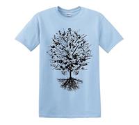 T-shirt pour homme inspiré de l'arbre de la musique tribal, arbre de vie, chêne roi air, note de guitare, base en métal, T-shirt bleu ciel imprimé noir, S