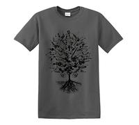 T-shirt pour homme inspiré de l'arbre de la musique tribal, arbre de vie, chêne roi air, note de guitare, base en métal, T-shirt gris anthracite imprimé noir, S