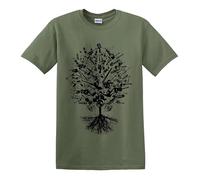 T-shirt pour homme inspiré de l'arbre de la musique tribal, arbre de vie, chêne roi air, note de guitare, base en métal, T-shirt vert militaire imprimé noir, S