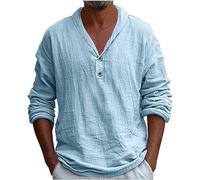 T-shirt pour homme - Noir - Col en V - T-shirt de sport avec boutonnière - T-shirt d'été confortable à manches longues - Coton et lin - Texture - T-shirt de loisirs - Hauts aérés - Mode - T-shirt de