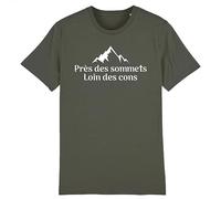 T Shirt Près des Sommets, Loin des Cons - pour Homme - Imprimé en France - Coton 100% Bio - Cadeau Humour Montagne Original Rigolo (Kaki, L)