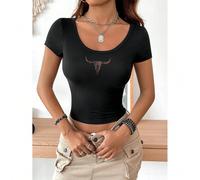 T-shirt près du corps à col rond pour femmes avec graphique tête de vache de style urban nomade, style minimaliste décontracté L,M,S,XL,XS,XXL,XXS,XXXL,XXXXLAnimal,UnicoloreTissu tricoté