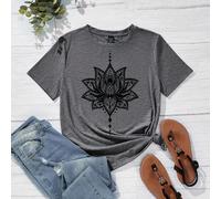 T-shirt près du corps à manches courtes et col rond, imprimé lotus style minimaliste décontracté, grande taille, convient pour l'été, pour femmes 0XL,1XL,2XL,3XL,4XL,5XLAnimal,Floral,GéométriqueTissu 
