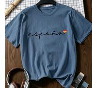 T-shirt printemps-été femme España, motif cœur et drapeau espagnol, manches courtes, doux et confortable, en coton, idéal pour un look voyage en Espagne. L,M,S,XLLettresMélange coton