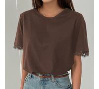 T-shirt pull-over ample décontracté à col rond avec patchwork en dentelle pour femmes, vacances d'été Tall S,Tall M,Tall L,Tall XLUnicoloreTissu tricoté
