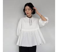 T-shirt pull-over d'été pour femmes, col rond, ourlet à volants, patchwork, manches lanternes amples, couleur unie, style urbain décontracté L,M,SUnicoloreTissu tricoté