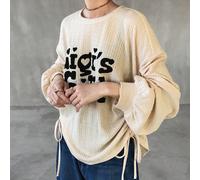 T-shirt pullover décontracté pour femme à manches longues, col rond, tissu texturé, coupe ample, imprimé lettres, ourlet décoratif avec cordon de serrage à nouer, coloris contrastés L,M,SGéométrique,g