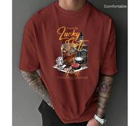 T-shirt ras du cou en coton pour homme, imprimé Jack Daniel's Lucky Party, haut polyvalent printemps/été pour homme, haut à manches courtes rouge brique doux et respirant pour homme L,M,S,XLCartoon,Le
