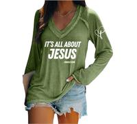T-shirt rétro à col en V avec imprimé It's All About Jesus 2025 New A True Patriot Christian Patriotic, Vert, 3XL