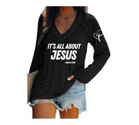 T-shirt rétro à col en V avec imprimé It's All About Jesus 2025 New A True Patriot Christian Patriotic, Noir , 3XL