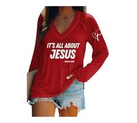 T-shirt rétro à col en V avec imprimé It's All About Jesus 2025 New A True Patriot Christian Patriotic, Rouge, L