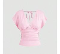 T-shirt réversible en maille pour femme, nouveau style mode polyvalent, col V profond devant & derrière, taille cintrée, dos froncé, épaule à nouer, manches chauve-souris L,M,S,XL,XS,XXSUnicoloreTissu