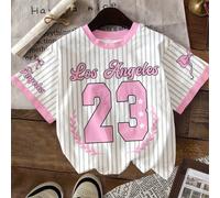 T-shirt rond à manches courtes style ballerine rose vif inspiré, rayures et lettre 23, graphique, décontracté et simple pour jeunes filles, adapté pour l'été 6Y,7Y,4Y,5YLettresÉtoffe