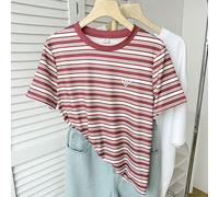 T-shirt rond régulier pour adolescentes, style décontracté et polyvalent, avec rayures rouges et broderie en forme de cœur 14Y,13Y,16Y,15YRayéPolyester