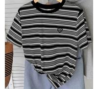 T-shirt rond régulier pour adolescentes, style décontracté et polyvalent, rayures roses douces + broderie de cœur 14Y,13Y,16Y,15YRayéPolyester