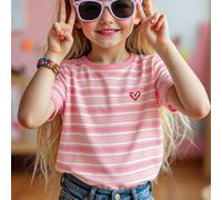 T-shirt rond régulier pour jeunes filles avec imprimé cœur rayé, style doux et polyvalent, convient pour le port quotidien et les sorties au printemps/été 6Y,7Y,8Y,4Y,5Y,2-3YRayéÉtoffe