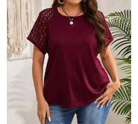 T-shirt rouge vin à manches courtes et patchwork en dentelle pour femmes de grande taille, parfait pour le début du printemps 0XL,1XL,2XL,3XL,4XLBlocs de couleur,UnicoloreTissu tricoté
