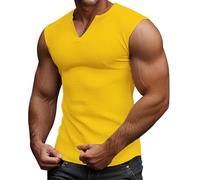 T-shirt sans manches à col en V pour homme - Gilet de sport gaufré sans manches - T-shirt d'entraînement musculaire - Uni - Respirant - Coupe ajustée - Haut d'été respirant et léger pour homme, jaune,