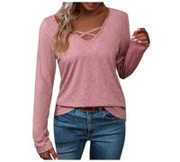 T-shirt simple en coton avec col en V et manches longues en couleur unie pour femme, Rose, XXL