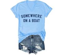 T-shirt « Somewhere On A Boat », « Im On A Boat », T-shirts imprimés amusants pour femmes et hommes, Bleu Caroline (col en V), 3XL