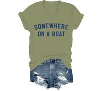 T-shirt « Somewhere On A Boat », « Im On A Boat », T-shirts imprimés amusants pour femmes et hommes, Vert (col en V), S
