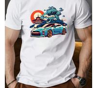 T-shirt sport blanc à manches courtes pour homme, taille Plus, motif voiture et vagues, col rond, 220 g/m², pour l'été, en pur coton, manches courtes (1 pièce) T-shirt homme à col rond et manches cour