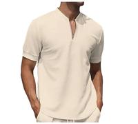 T Shirt Sport Homme Manches Courtes- Top Ete Col en V avec Encolure Zippée Couleur Unie Décontracté Gaufré à La Mode Classiques Simple Comfortable Passe-Partout Ample Haut De Tous Les Jours