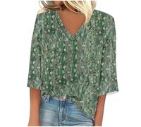 T-shirt surdimensionné à col en V pour femme - Chemisier floral bohème hippie - T-shirt ample à manches courtes et col en V - T-shirt flottant pour club, fête, streetwear, Vert 01, L