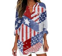 T-shirt surdimensionné à manches longues en coton avec motif drapeau américain et col en V pour femme, bordeaux, XL