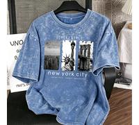 T-shirt surdimensionné ample lavé vintage avec imprimé de monument de New York, style urbain rétro de rue décontracté, t-shirt à manches courtes, convient pour le port quotidien en été L,M,S,XL,XS,XXL