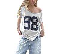 T-shirt surdimensionné en jersey à épaules dénudées et col rond pour femme Y2k E-Girl, blanc, Taille L