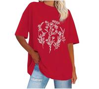 T-shirt surdimensionné pour femme à manches courtes avec épaules superposées - T-shirt décontracté à imprimé floral Y2K - Motif soleil et lune - Col rond - Gothique Punk - T-shirt long - S-5XL, rouge