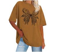 T-shirt surdimensionné pour femme à manches courtes avec épaules superposées - T-shirt décontracté à imprimé floral Y2K - Motif soleil et lune - Col rond - Gothique Punk - T-shirt long - S-5XL, kaki